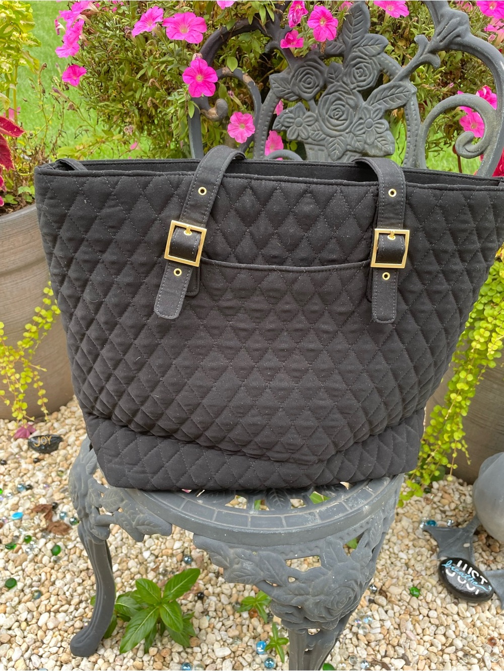 Vera Bradley Quilted Black Tote with Gold Buckle Accents